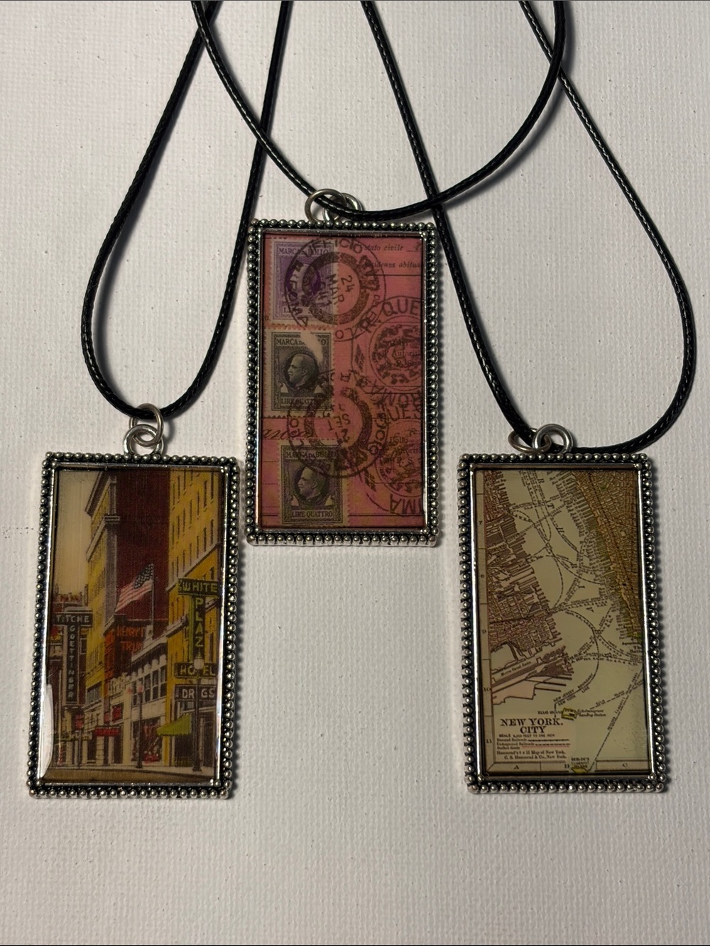 Vintage Map & Postage Rectangle Pendant Necklace in Brown and Pink